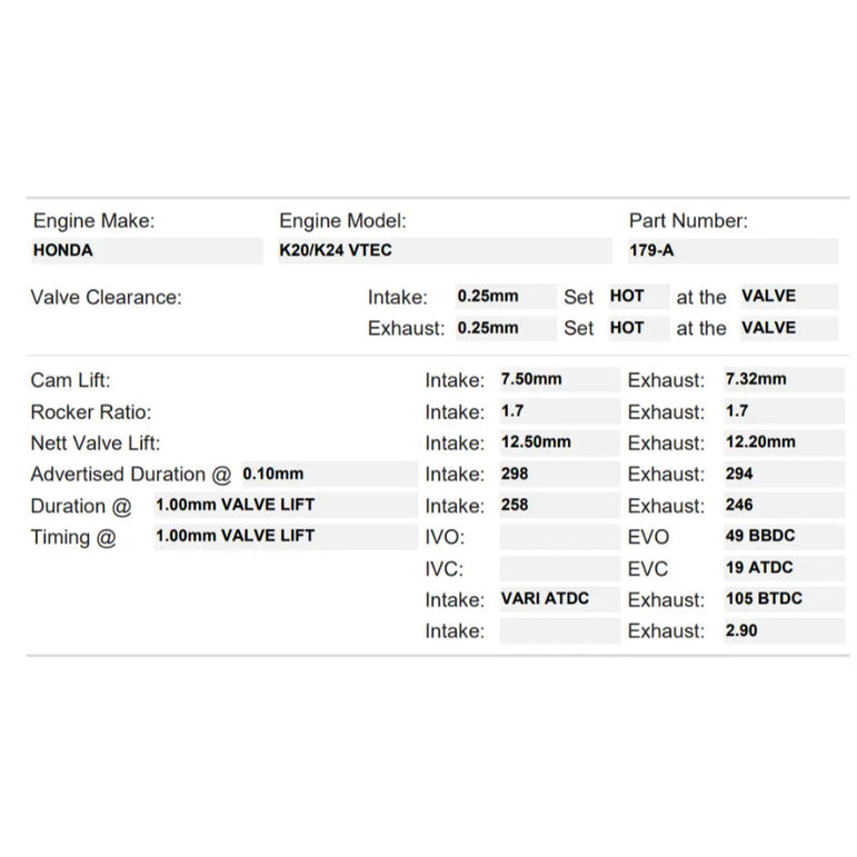 Kelford Cams 298/294 Stage 1 Race Cams Honda K20A-K24 iVTEC