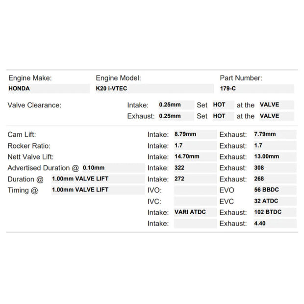 Kelford Cams 322/308 Stage 3 Race Cams Honda K20A-K24 iVTEC
