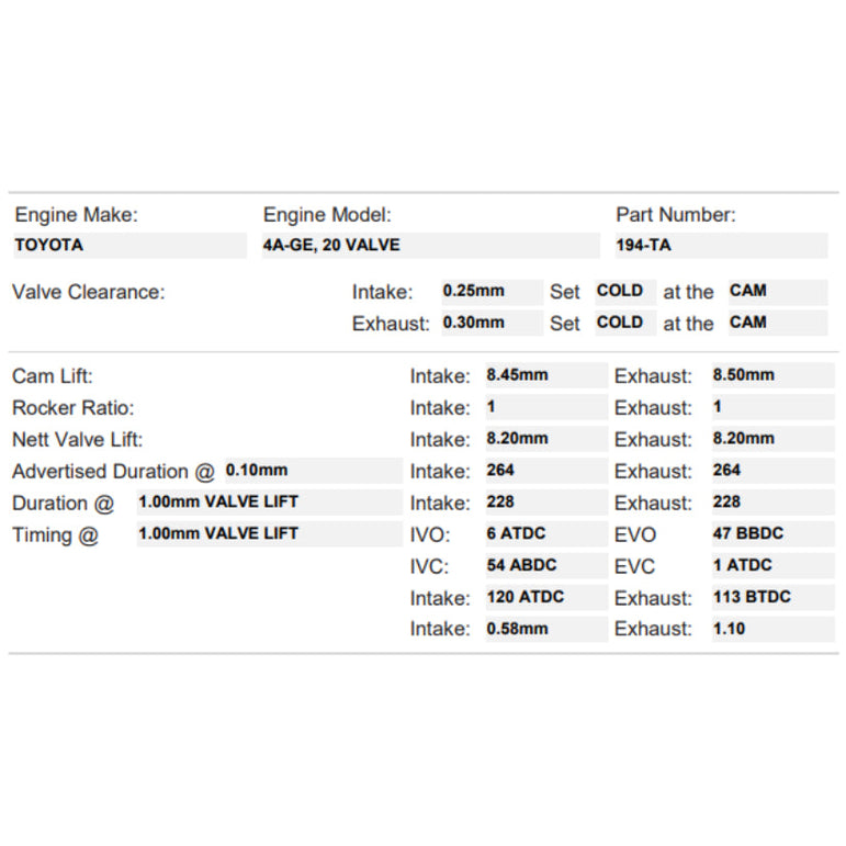 Kelford Cams 264/264 Road Performance Cams Toyota 4A-GE 20V Turbo