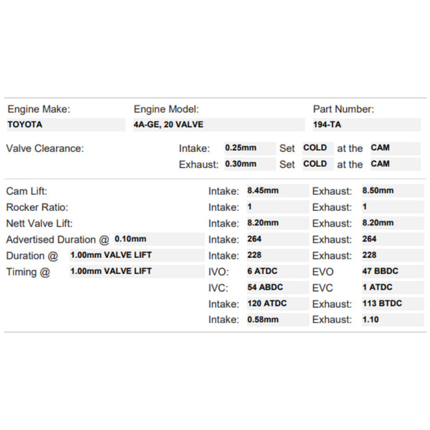 Kelford Cams 264/264 Road Performance Cams Toyota 4A-GE 20V Turbo