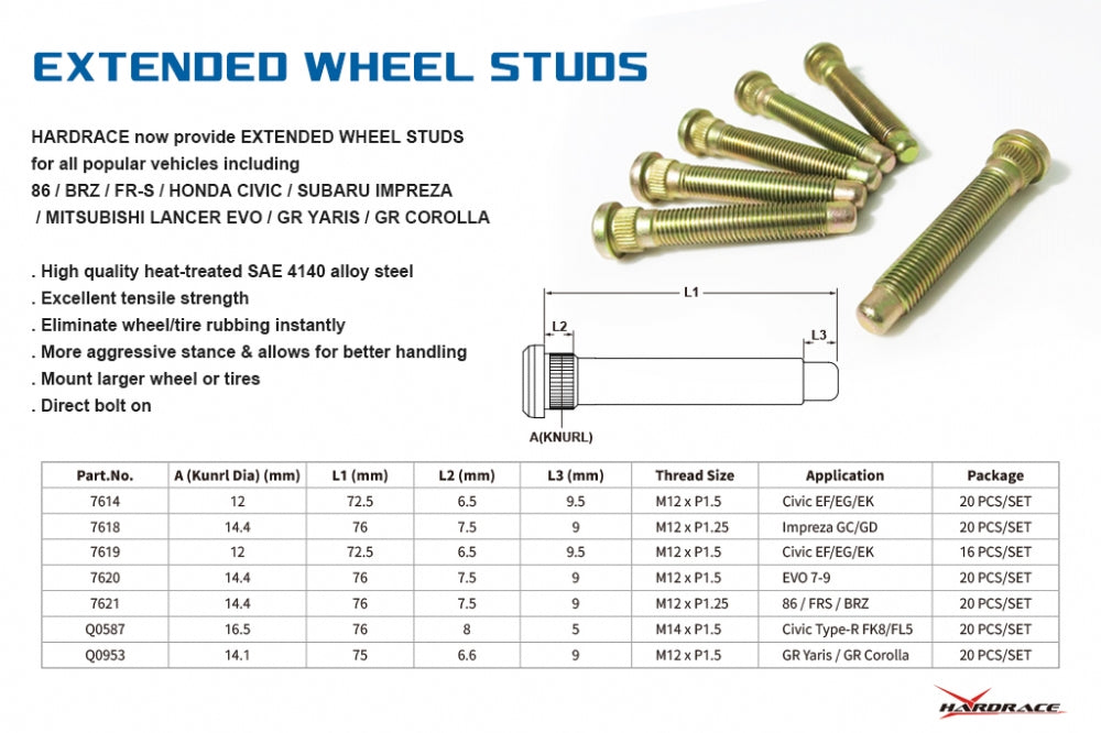 Hardrace Extended Wheel Studs M12XP1.25 20Pc Set Toyota GT86 Subaru BRZ 12-21