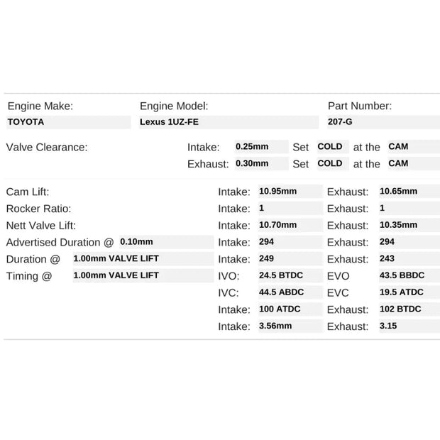 Kelford Cams 294/294 Stage 2 Race Cams Toyota 1UZ-FE NA