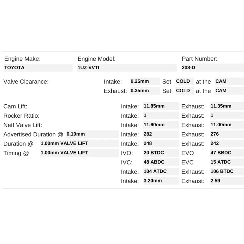 Kelford Cams 282/276 Stage 1 Race Cams Toyota 1UZ-3UZ VVTI NA