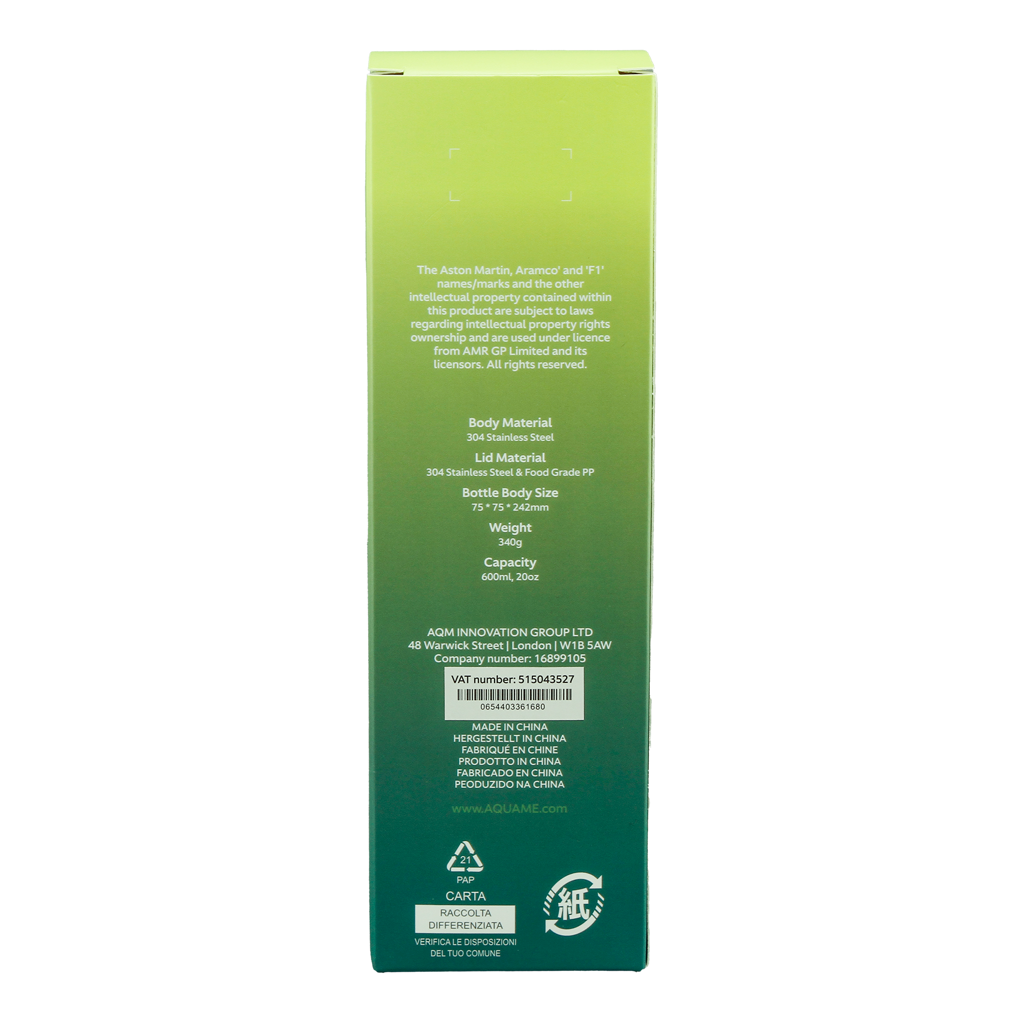 Aston Martin Aramco Formula One Team Aquame Thermo Water Bottle Adults - Green