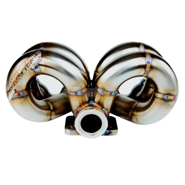 SpeedFactory Stainless Steel Turbo Manifold Ram Horn Style Honda D-Series T4 Open Flange w 44-46mm V-Band WG